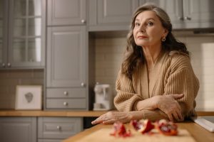 An elegant senior woman in a cozy kitchen, exuding confidence and warmth.